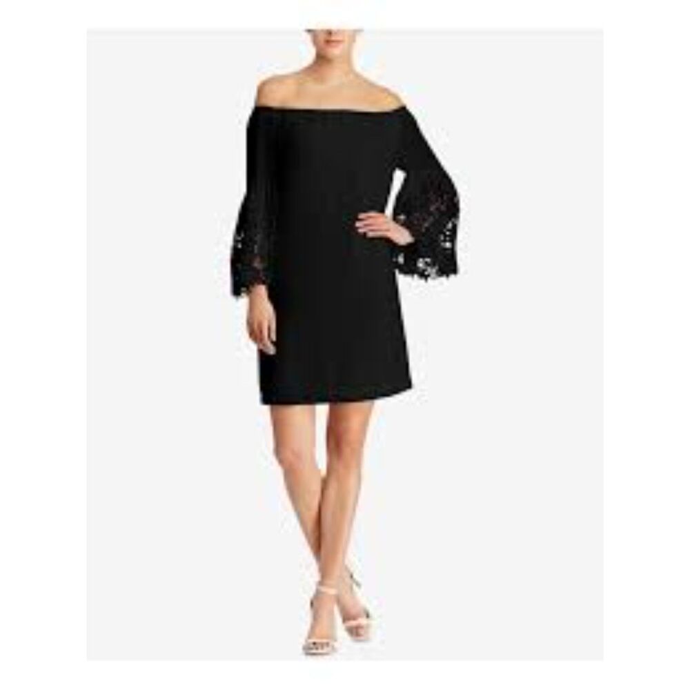 Ralph Lauren Lace Sleeve Cocktail Dress Off Shoulder Size 8 Event Occasion Black